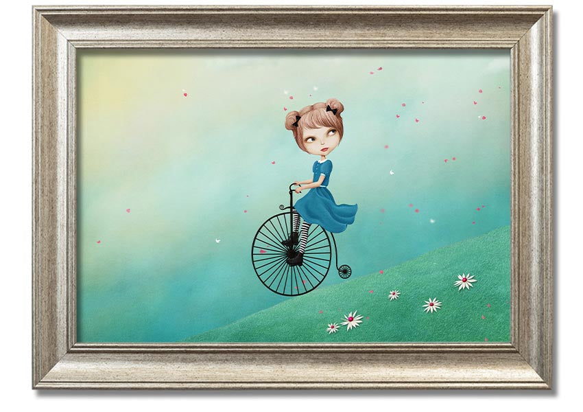 Framed print of Alice In Wonderland featuring a penny farthing bicycle, handmade in the UK with multiple frame color options.