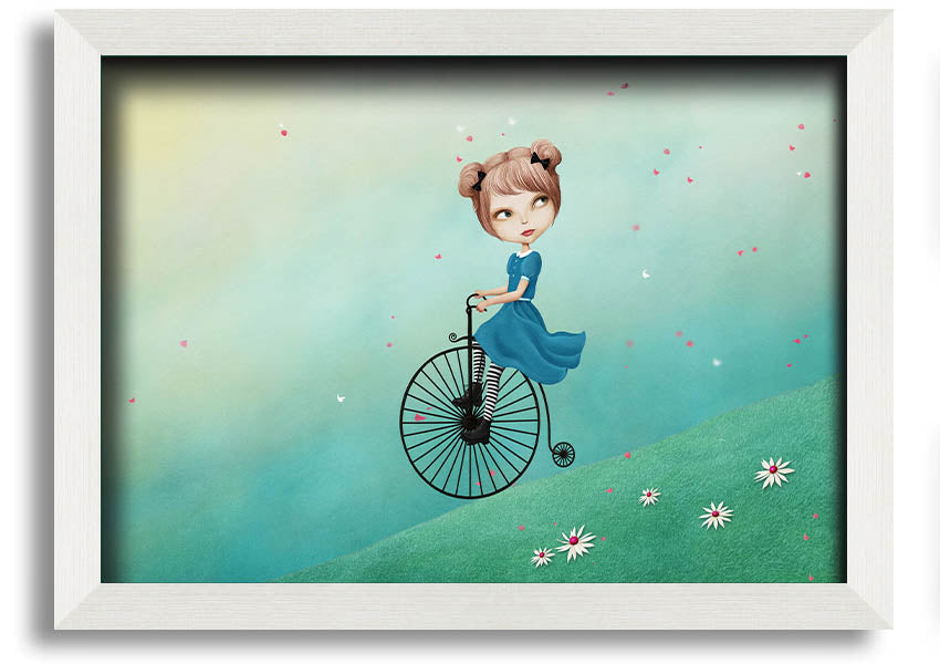 Framed print of Alice In Wonderland featuring a penny farthing bicycle, handmade in the UK with multiple frame color options.