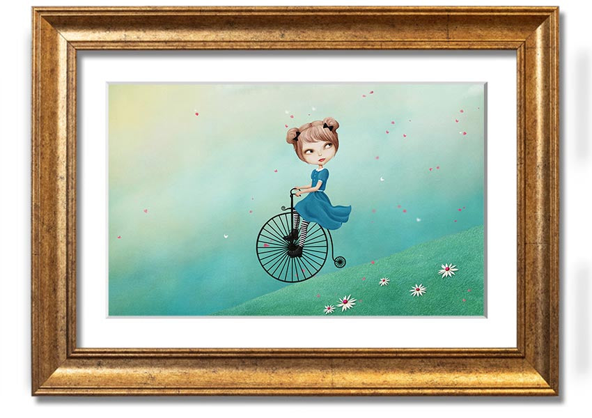 Framed print of Alice In Wonderland featuring a penny farthing bicycle, handmade in the UK with multiple frame color options.