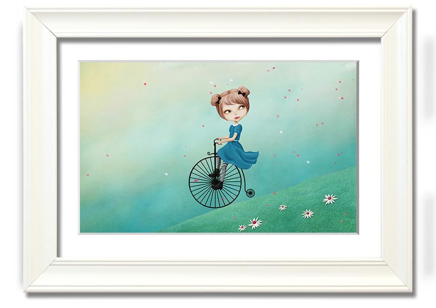 Framed print of Alice In Wonderland featuring a penny farthing bicycle, handmade in the UK with multiple frame color options.