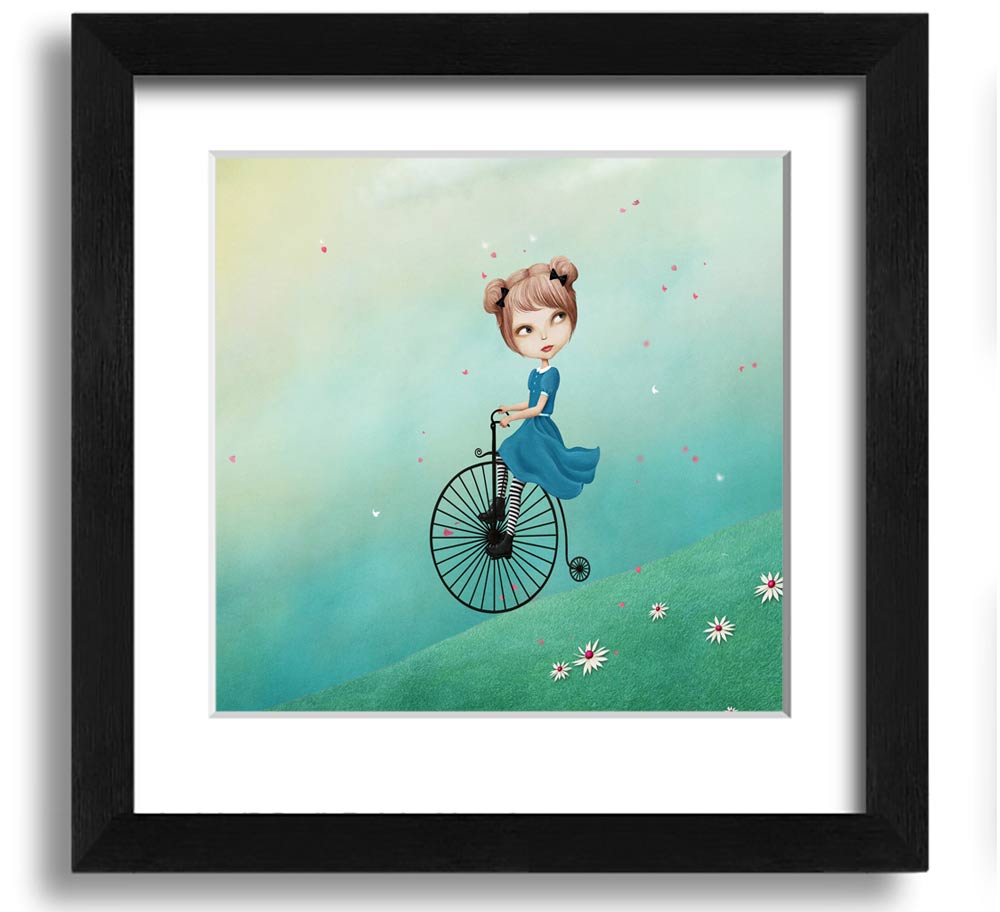 Alice In Wonderland Penny Farthing Square Framed Print in various frame colors, showcasing a whimsical design.