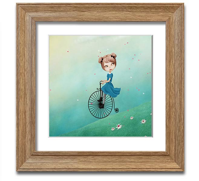 Alice In Wonderland Penny Farthing Square Framed Print in various frame colors, showcasing a whimsical design.