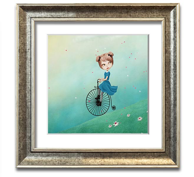 Alice In Wonderland Penny Farthing Square Framed Print in various frame colors, showcasing a whimsical design.