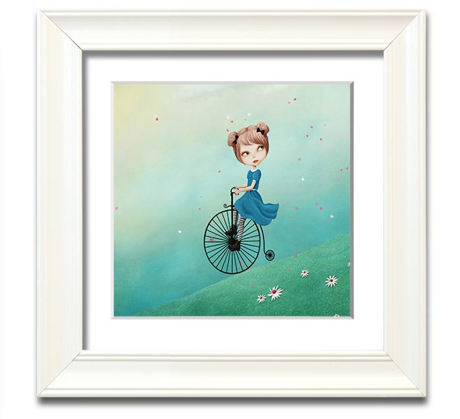 Alice In Wonderland Penny Farthing Square Framed Print in various frame colors, showcasing a whimsical design.