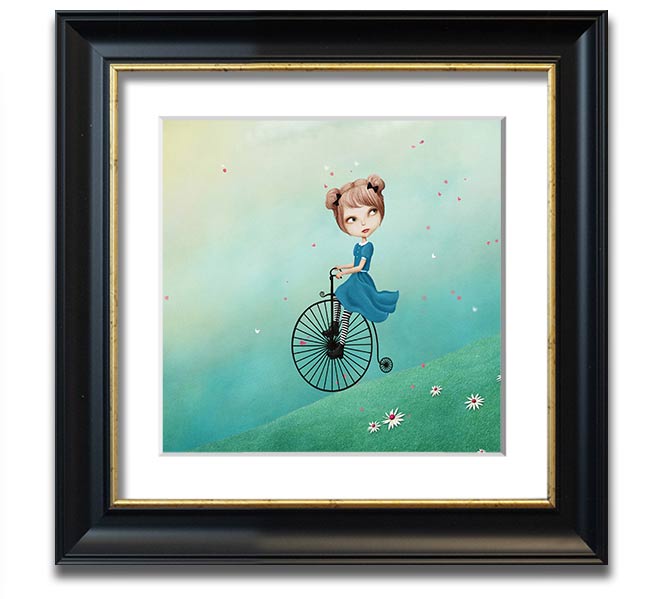 Alice In Wonderland Penny Farthing Square Framed Print in various frame colors, showcasing a whimsical design.