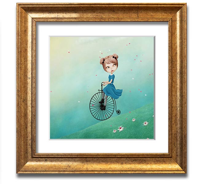 Alice In Wonderland Penny Farthing Square Framed Print in various frame colors, showcasing a whimsical design.