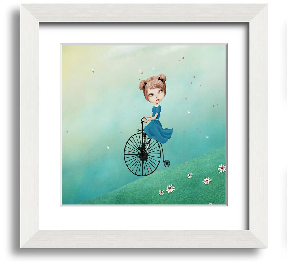 Alice In Wonderland Penny Farthing Square Framed Print in various frame colors, showcasing a whimsical design.