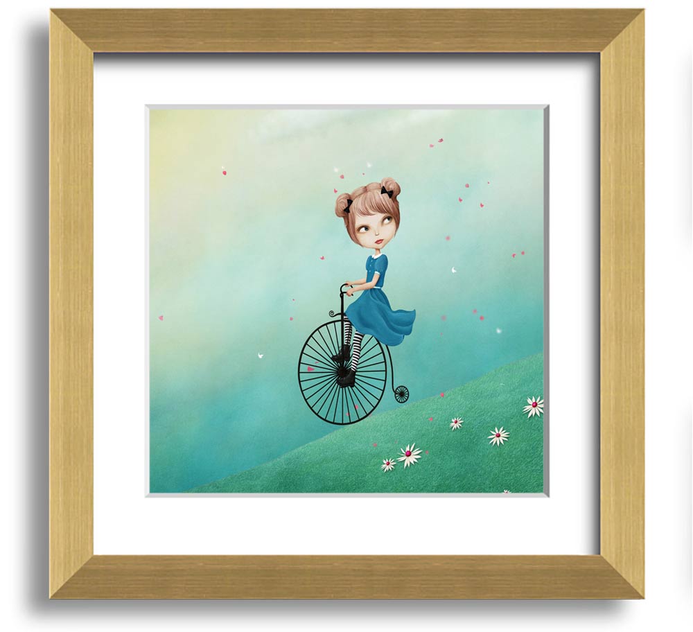 Alice In Wonderland Penny Farthing Square Framed Print in various frame colors, showcasing a whimsical design.