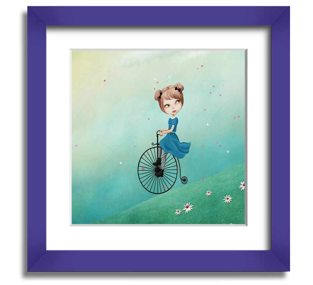 Alice In Wonderland Penny Farthing Square Framed Print in various frame colors, showcasing a whimsical design.