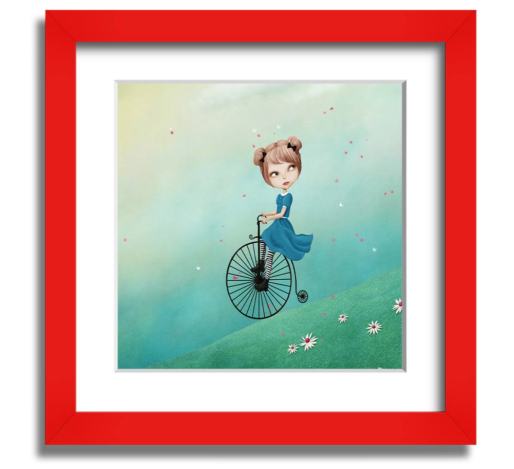 Alice In Wonderland Penny Farthing Square Framed Print in various frame colors, showcasing a whimsical design.