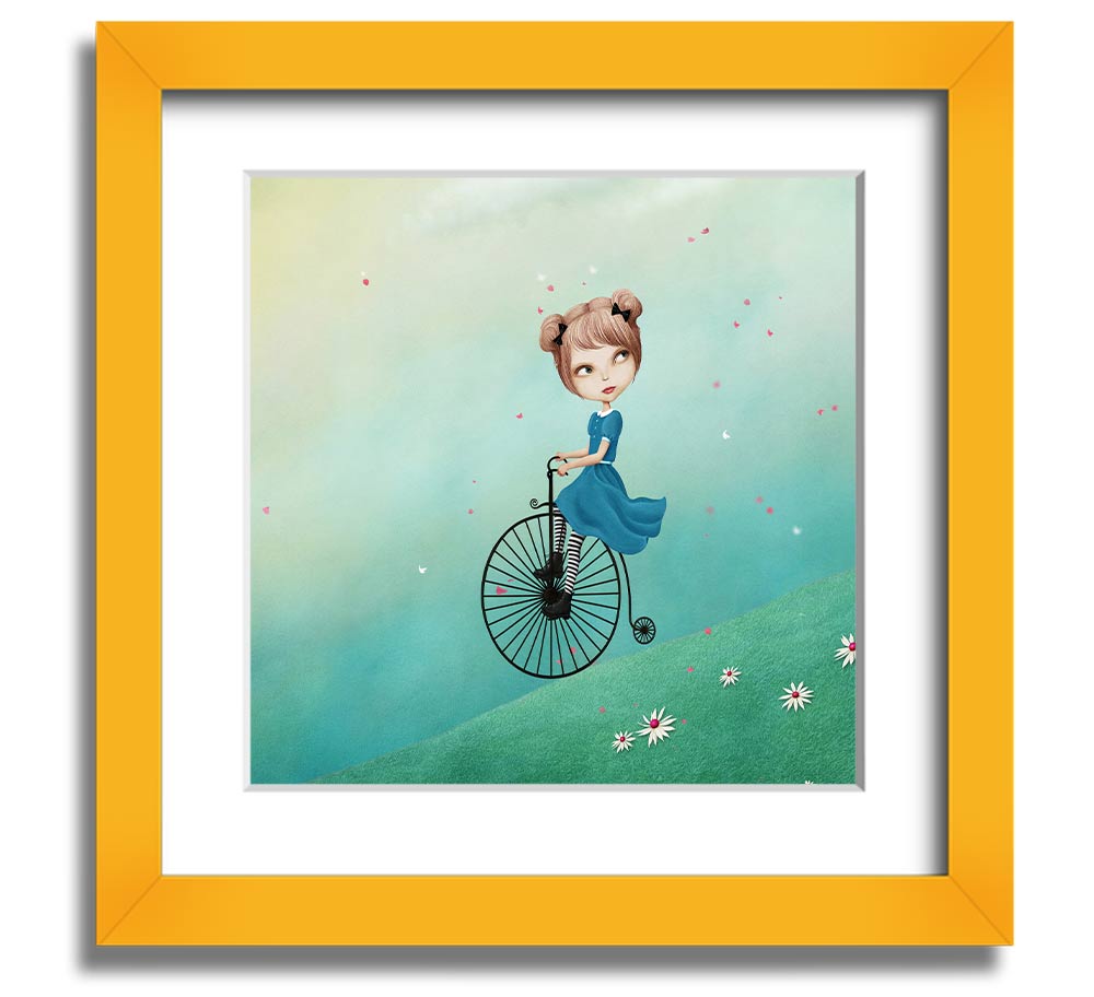 Alice In Wonderland Penny Farthing Square Framed Print in various frame colors, showcasing a whimsical design.