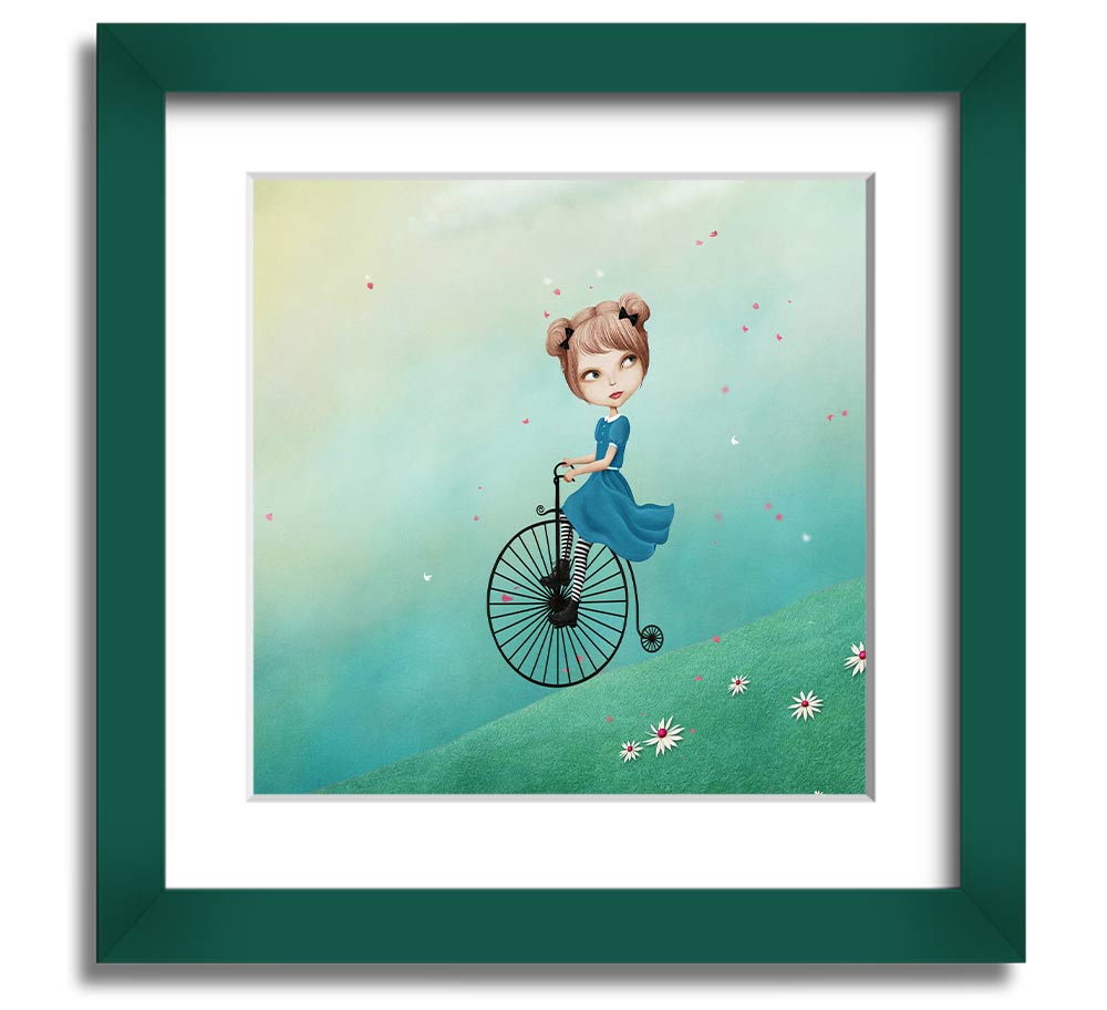 Alice In Wonderland Penny Farthing Square Framed Print in various frame colors, showcasing a whimsical design.