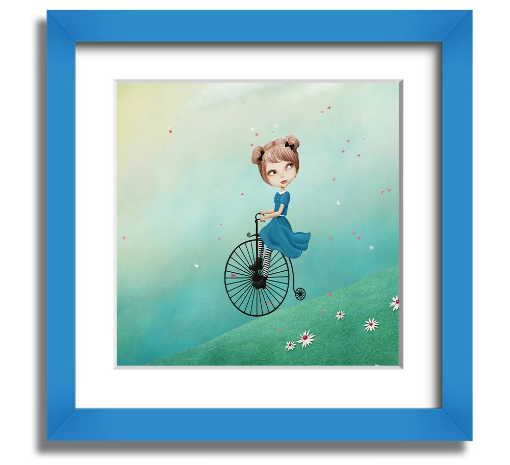 Alice In Wonderland Penny Farthing Square Framed Print in various frame colors, showcasing a whimsical design.