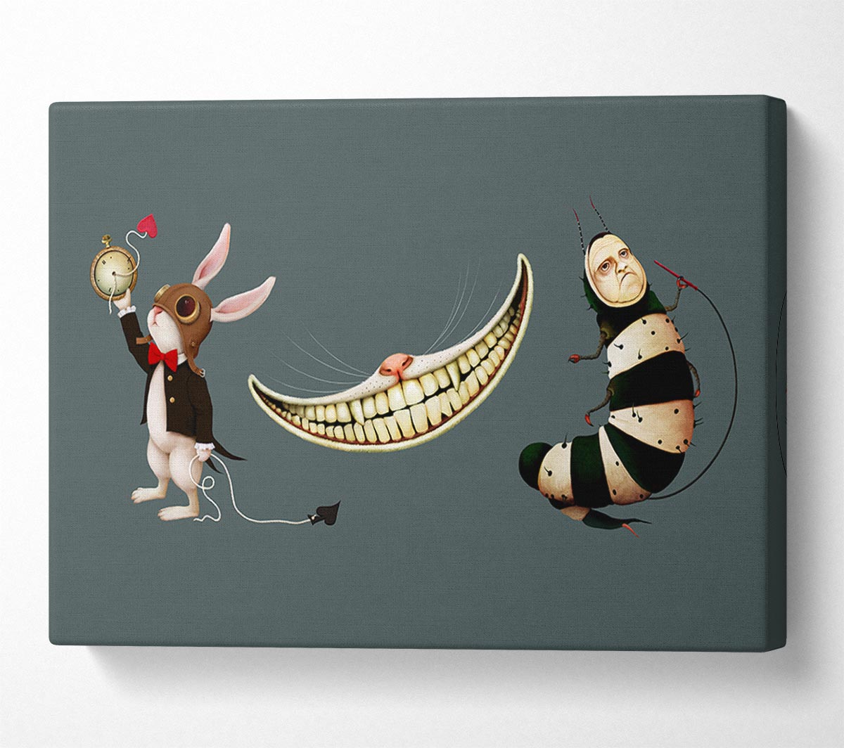 A vibrant canvas featuring the Rabbit, Cat, and Caterpillar from Alice In Wonderland, mounted on a sturdy frame.