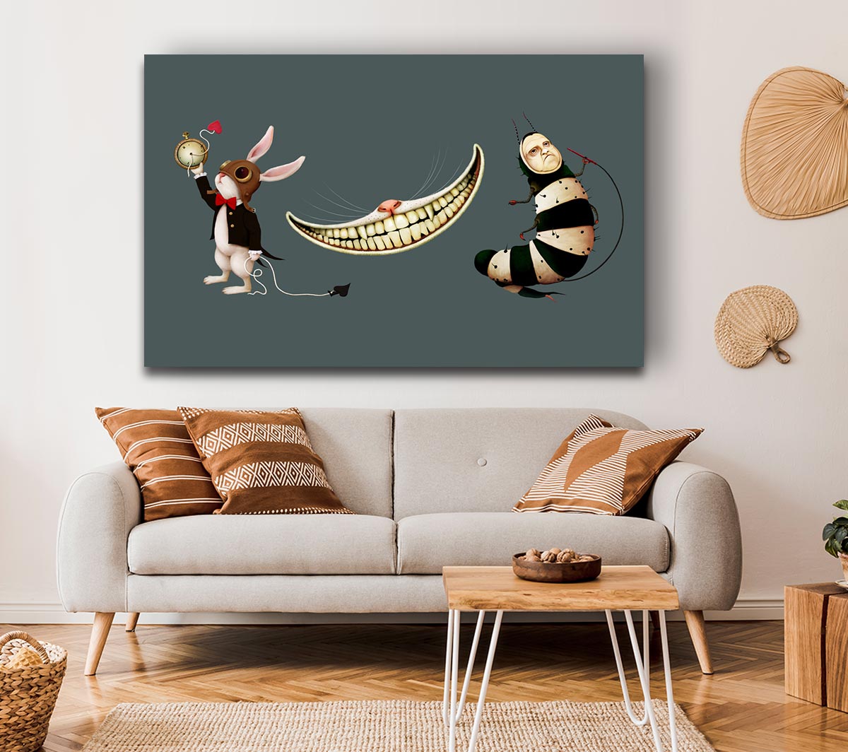 A vibrant canvas featuring the Rabbit, Cat, and Caterpillar from Alice In Wonderland, mounted on a sturdy frame.