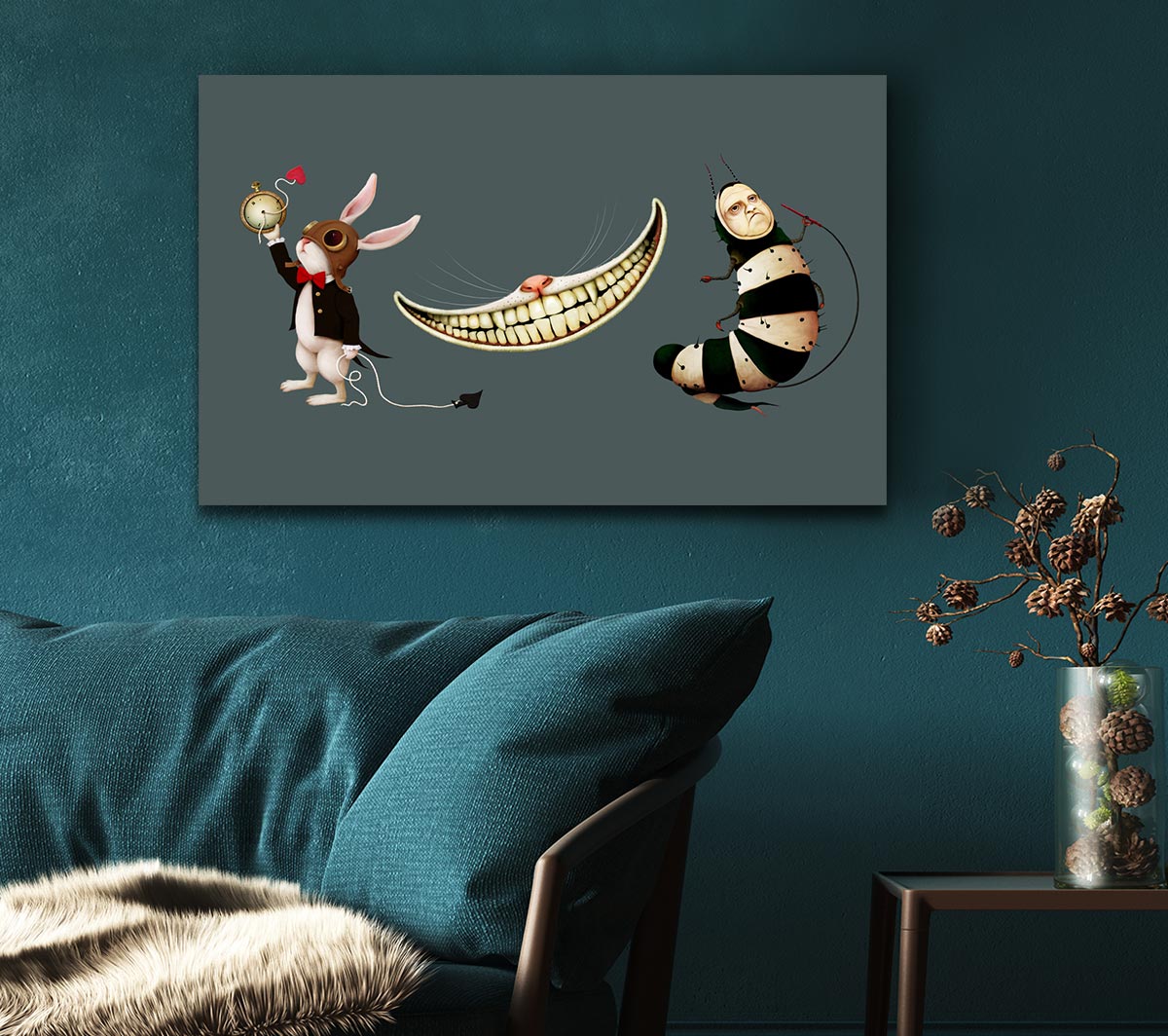 A vibrant canvas featuring the Rabbit, Cat, and Caterpillar from Alice In Wonderland, mounted on a sturdy frame.