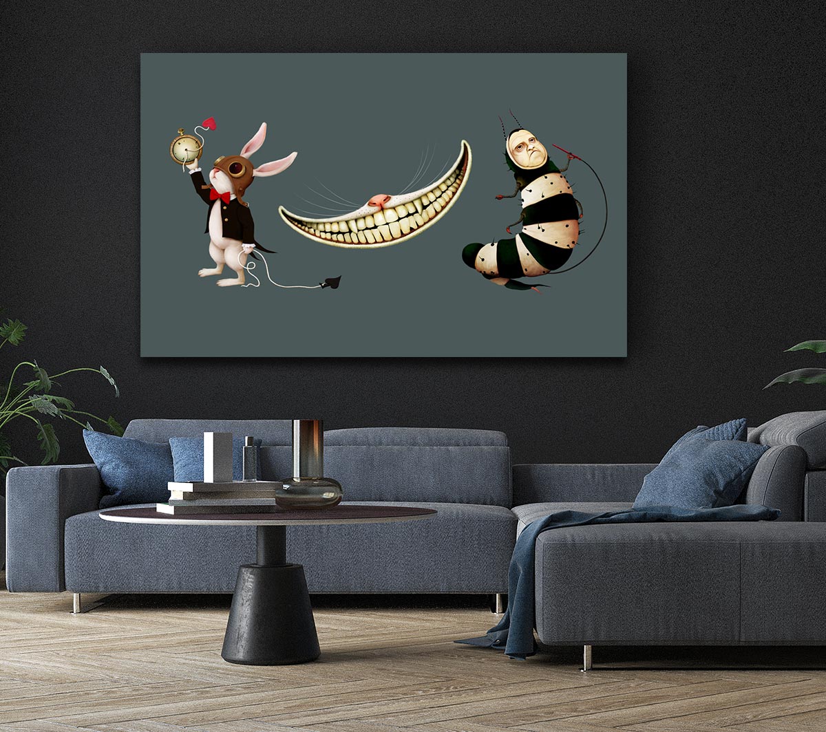 A vibrant canvas featuring the Rabbit, Cat, and Caterpillar from Alice In Wonderland, mounted on a sturdy frame.