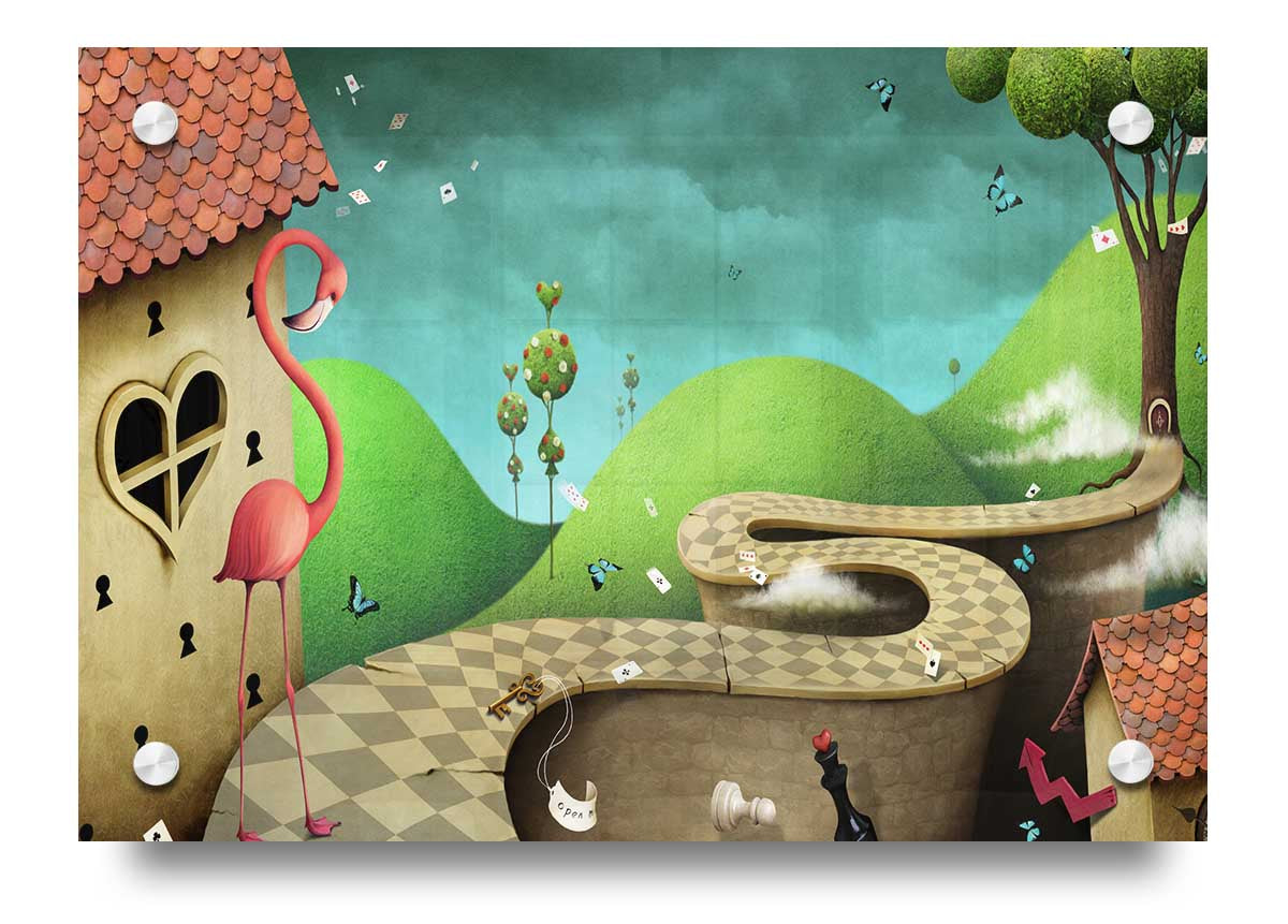 Alice In Wonderland Road acrylic print on 5mm thick acrylic glass, featuring vibrant colors and whimsical design.