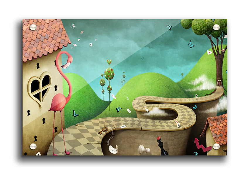 Alice In Wonderland Road acrylic print on 5mm thick acrylic glass, featuring vibrant colors and whimsical design.