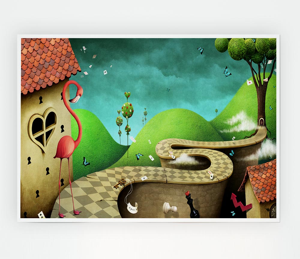 Alice In Wonderland Road poster on high-quality canvas, featuring vibrant colors and whimsical design, ready for display or framing.