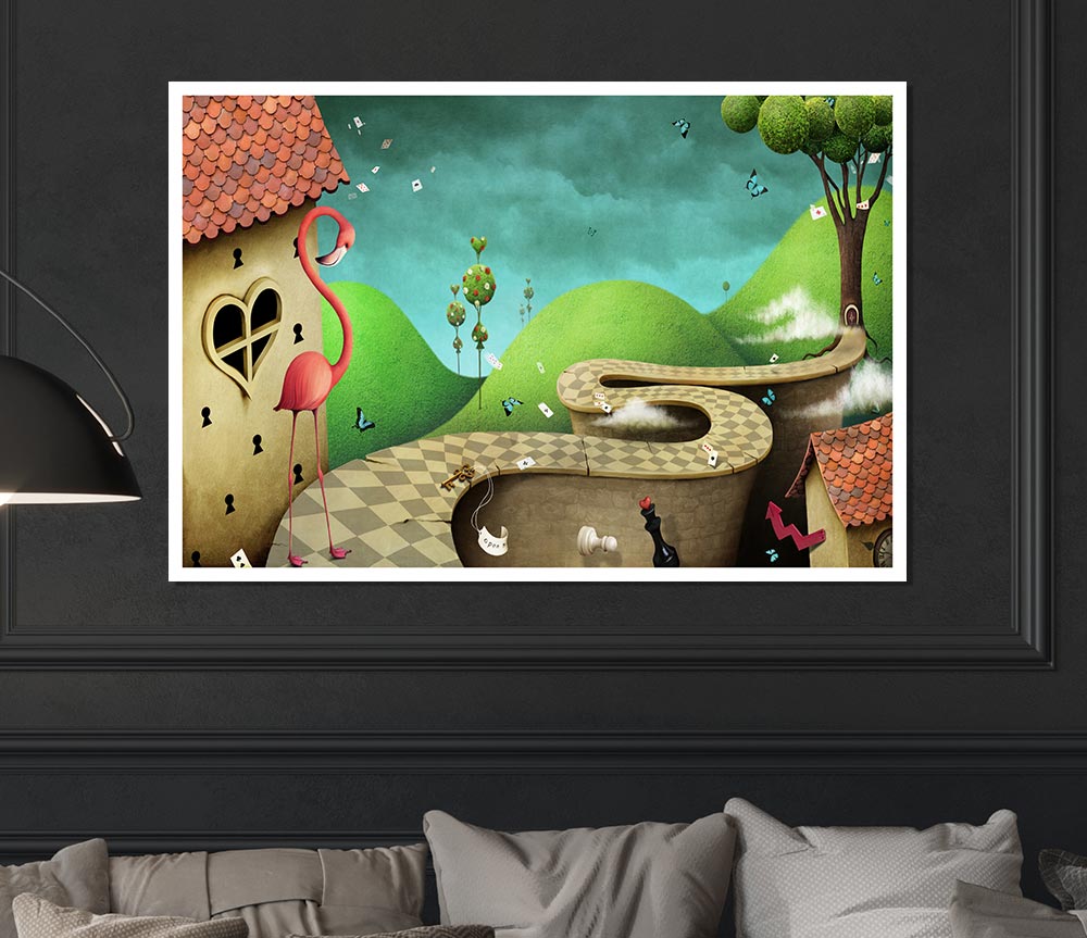 Alice In Wonderland Road poster on high-quality canvas, featuring vibrant colors and whimsical design, ready for display or framing.