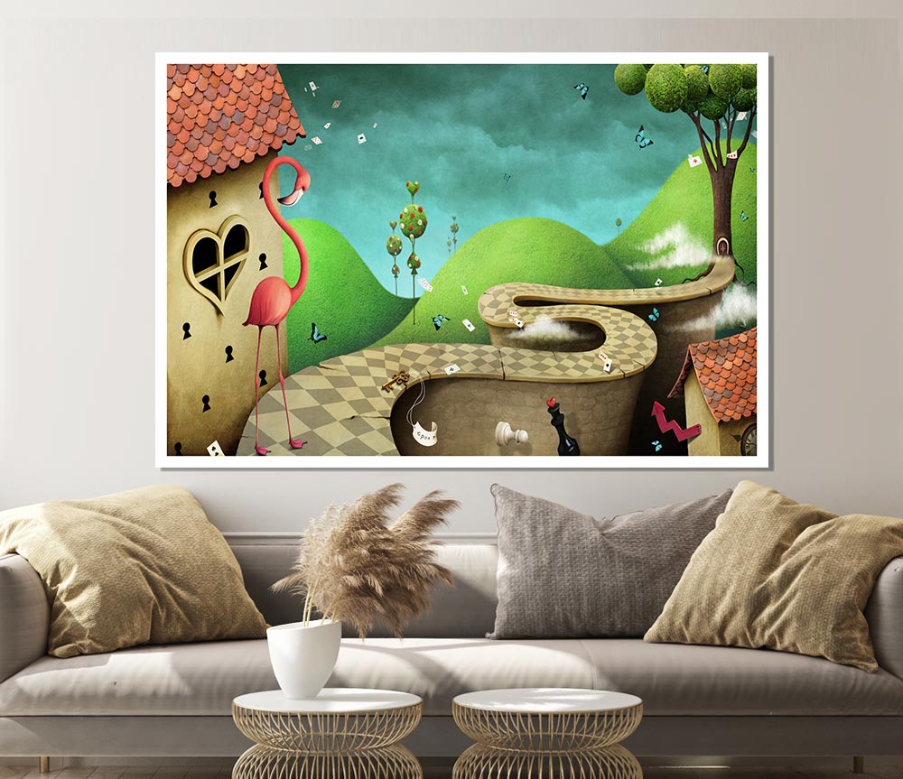 Alice In Wonderland Road poster on high-quality canvas, featuring vibrant colors and whimsical design, ready for display or framing.