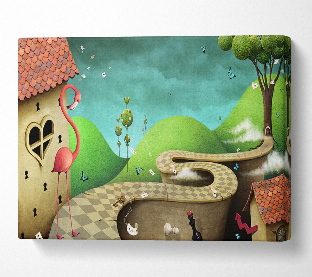 Alice In Wonderland Road canvas art mounted on a 44mm box frame, featuring vibrant colors and whimsical design.