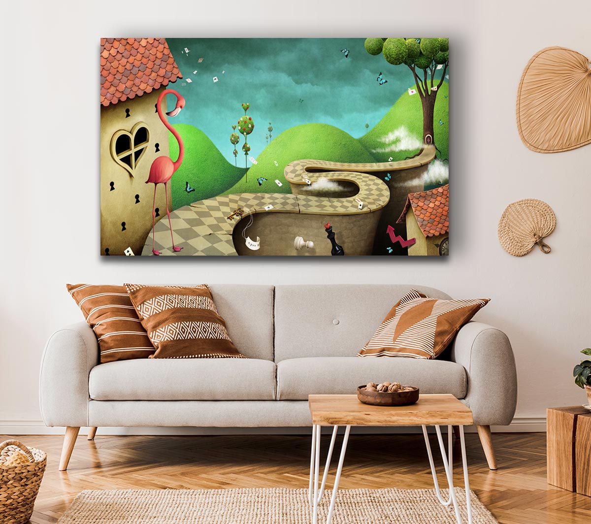 Alice In Wonderland Road canvas art mounted on a 44mm box frame, featuring vibrant colors and whimsical design.