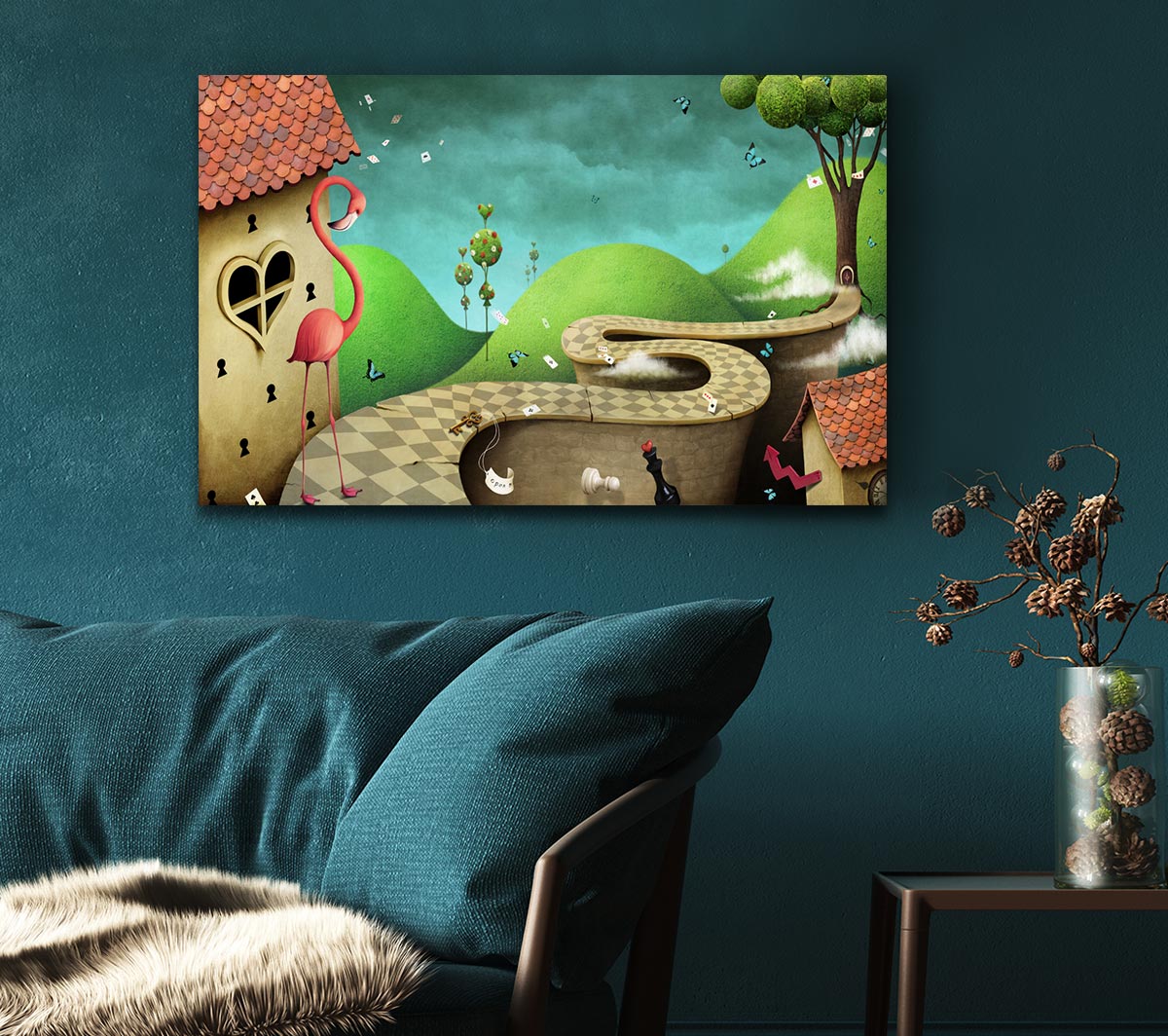 Alice In Wonderland Road canvas art mounted on a 44mm box frame, featuring vibrant colors and whimsical design.