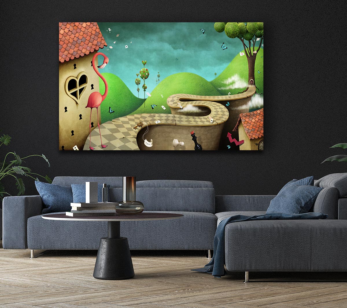 Alice In Wonderland Road canvas art mounted on a 44mm box frame, featuring vibrant colors and whimsical design.