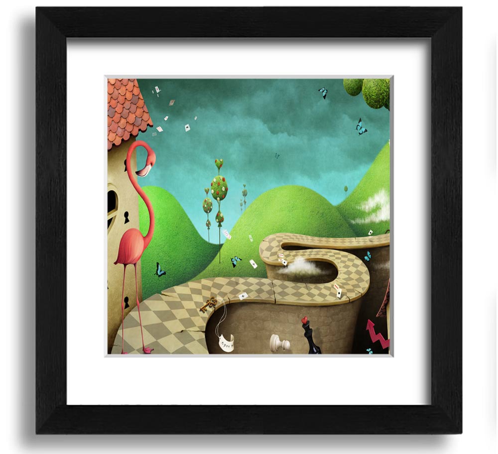 Alice In Wonderland Road Square Framed Print with colorful design and multiple frame options, handmade in the UK.