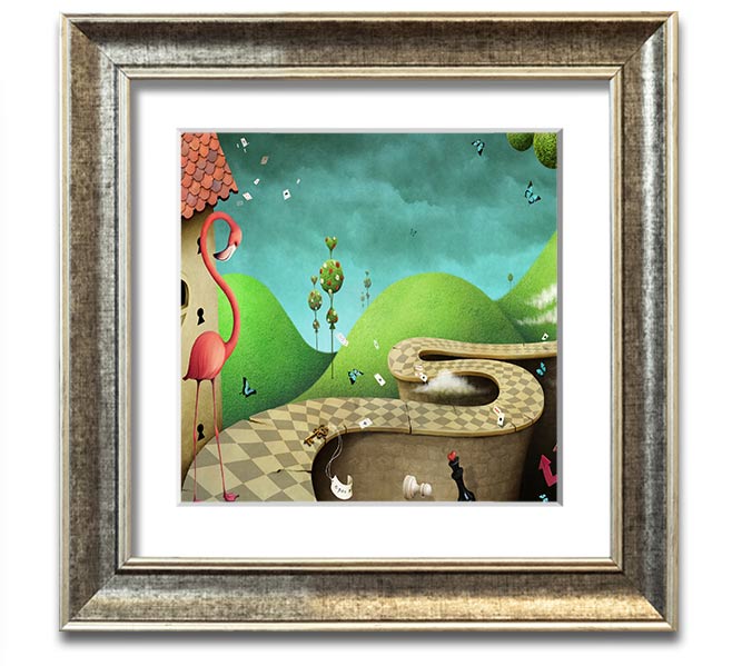 Alice In Wonderland Road Square Framed Print with colorful design and multiple frame options, handmade in the UK.