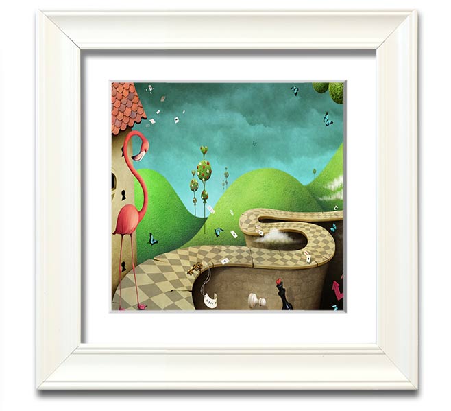 Alice In Wonderland Road Square Framed Print with colorful design and multiple frame options, handmade in the UK.