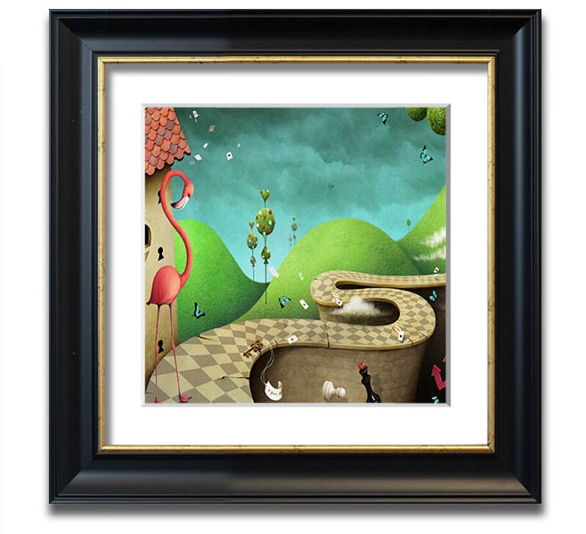 Alice In Wonderland Road Square Framed Print with colorful design and multiple frame options, handmade in the UK.