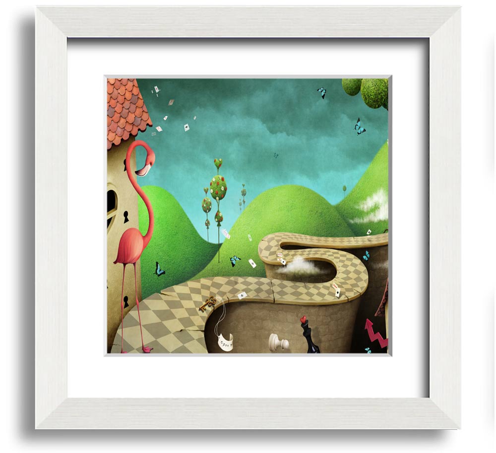 Alice In Wonderland Road Square Framed Print with colorful design and multiple frame options, handmade in the UK.