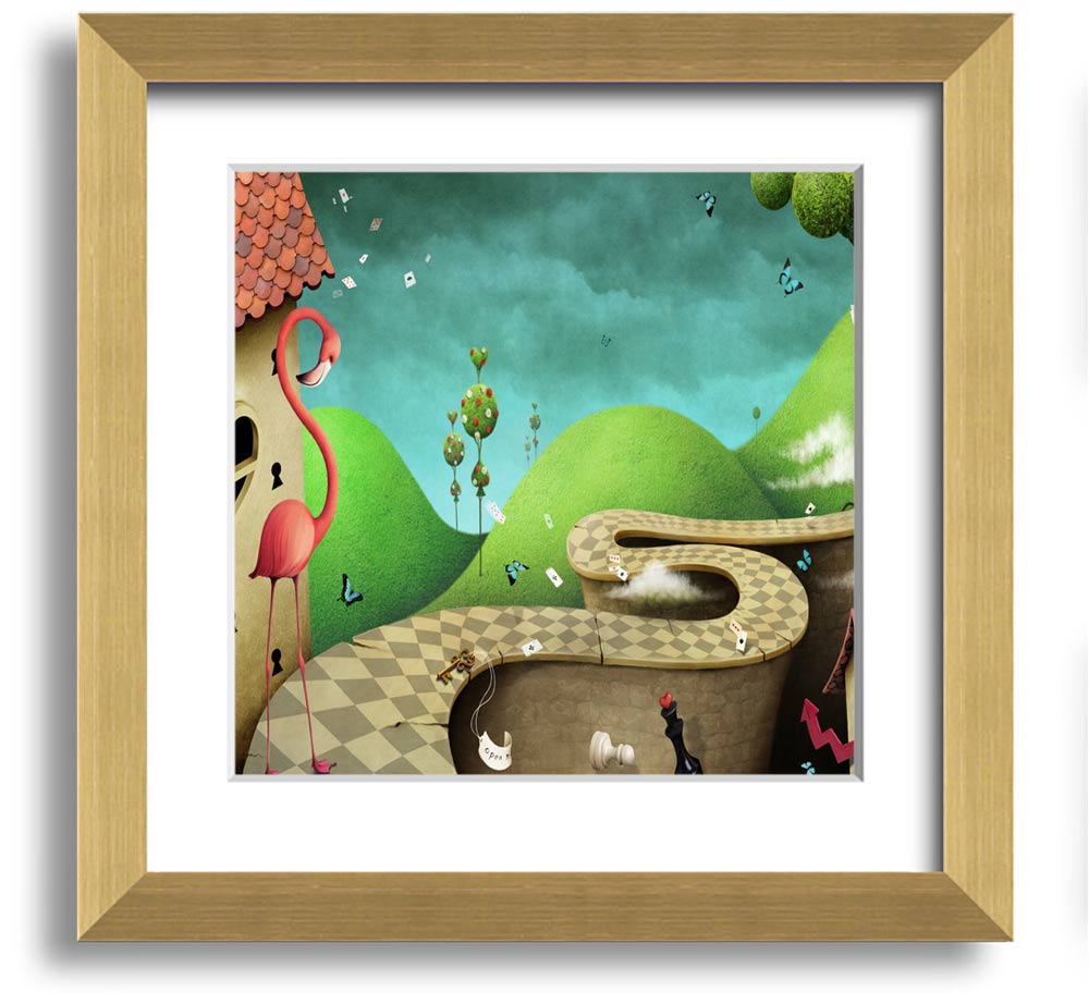 Alice In Wonderland Road Square Framed Print with colorful design and multiple frame options, handmade in the UK.