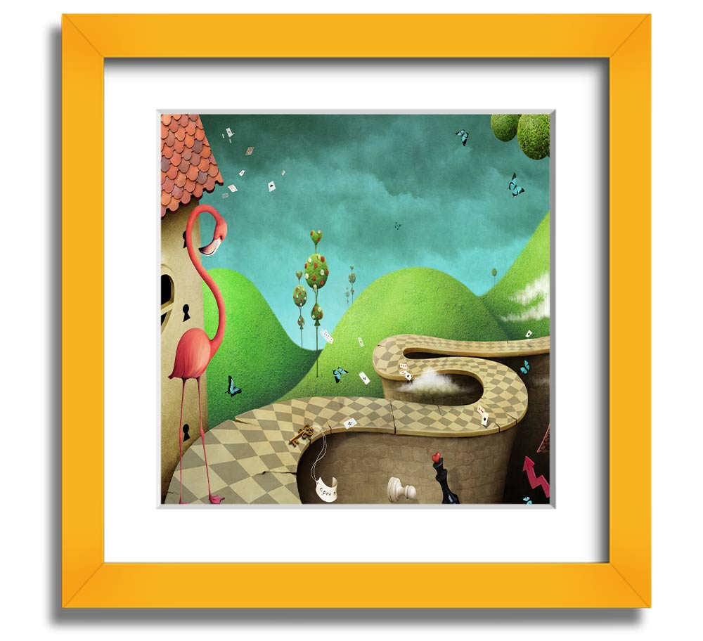 Alice In Wonderland Road Square Framed Print with colorful design and multiple frame options, handmade in the UK.