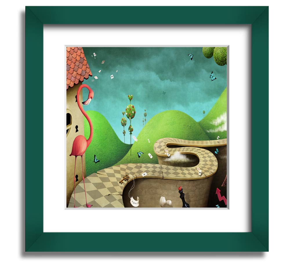 Alice In Wonderland Road Square Framed Print with colorful design and multiple frame options, handmade in the UK.