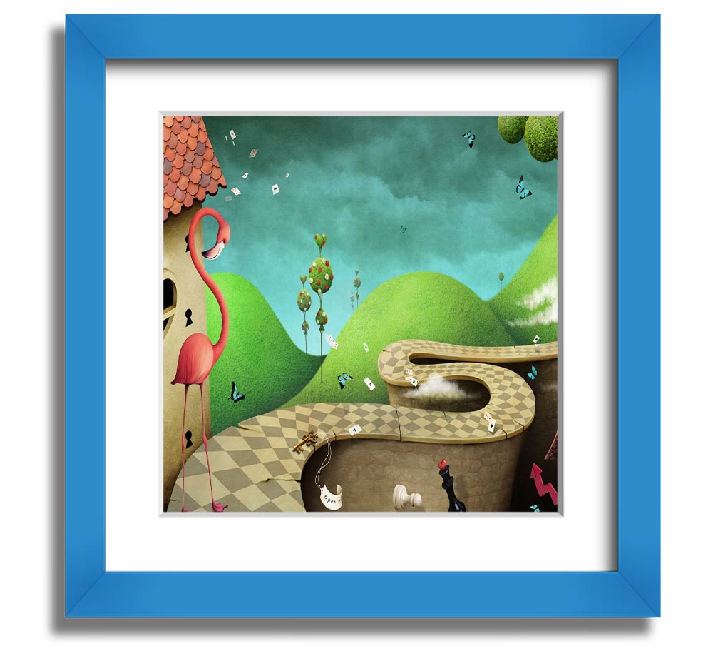 Alice In Wonderland Road Square Framed Print with colorful design and multiple frame options, handmade in the UK.