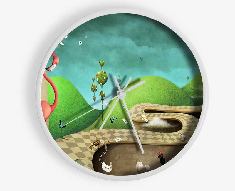 Alice In Wonderland Road clock made from natural bamboo with a round face and clear Plexiglas lens, available in black, white, or natural frame colors.