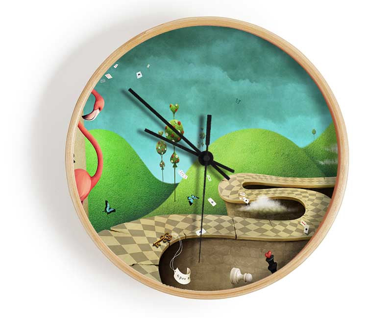 Alice In Wonderland Road clock made from natural bamboo with a round face and clear Plexiglas lens, available in black, white, or natural frame colors.