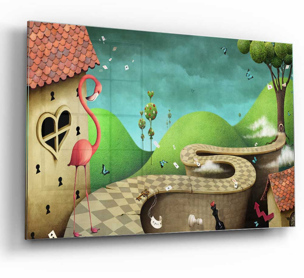 Alice In Wonderland Road glass print featuring vibrant colors and whimsical designs, perfect for modern home decor.