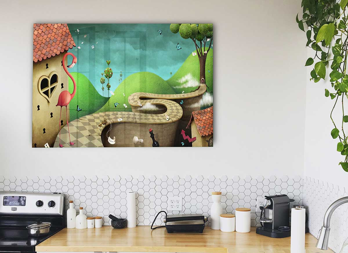 Alice In Wonderland Road glass print featuring vibrant colors and whimsical designs, perfect for modern home decor.