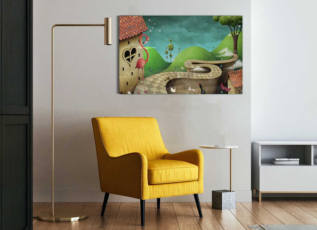 Alice In Wonderland Road glass print featuring vibrant colors and whimsical designs, perfect for modern home decor.