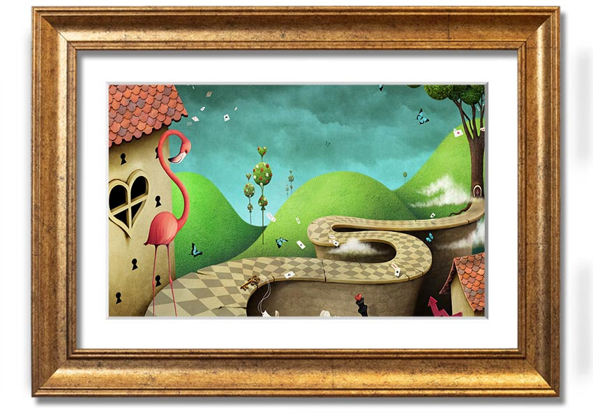 Framed print of Alice In Wonderland Road, showcasing vibrant colors and whimsical design, ready to hang.