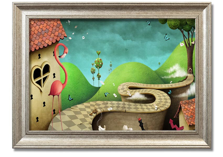 Framed print of Alice In Wonderland Road, showcasing vibrant colors and whimsical design, ready to hang.