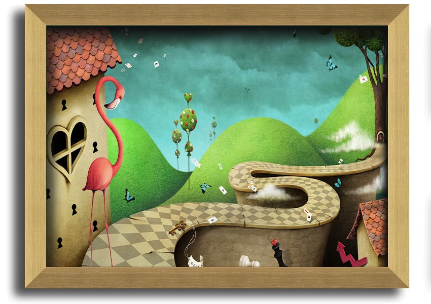 Framed print of Alice In Wonderland Road, showcasing vibrant colors and whimsical design, ready to hang.