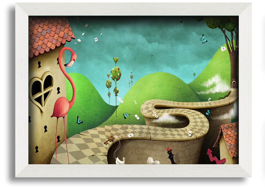 Framed print of Alice In Wonderland Road, showcasing vibrant colors and whimsical design, ready to hang.