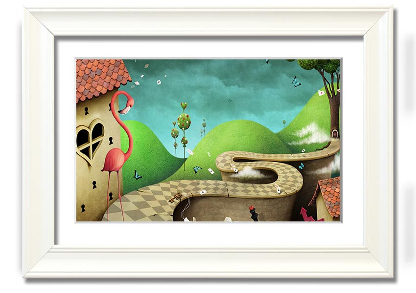 Framed print of Alice In Wonderland Road, showcasing vibrant colors and whimsical design, ready to hang.