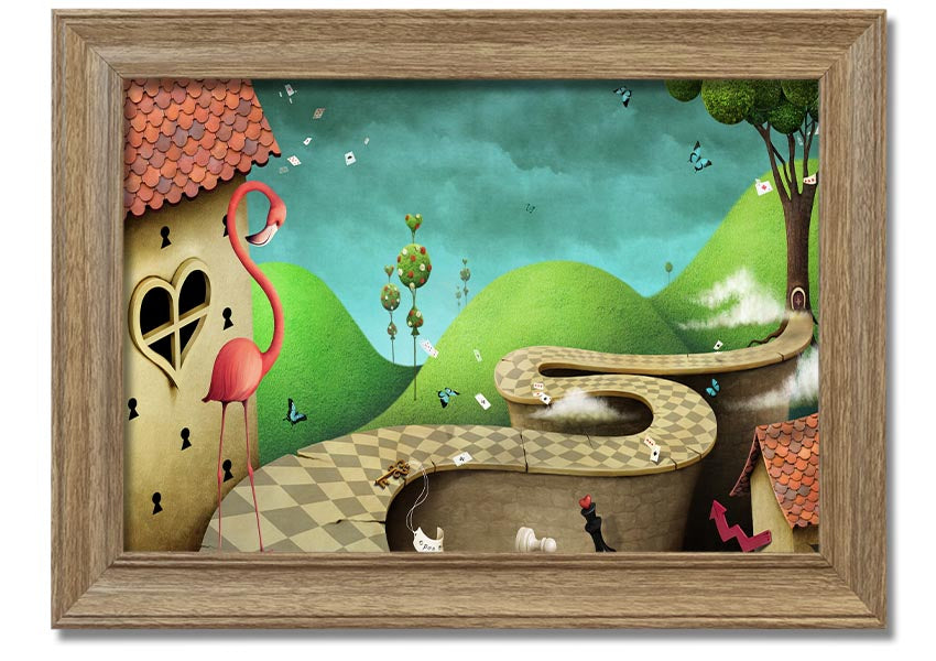 Framed print of Alice In Wonderland Road, showcasing vibrant colors and whimsical design, ready to hang.